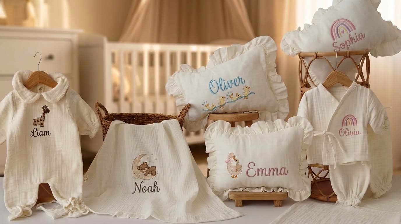 Personalized baby collection with name-embroidered outfits, a blanket and pillows in a warm nursery